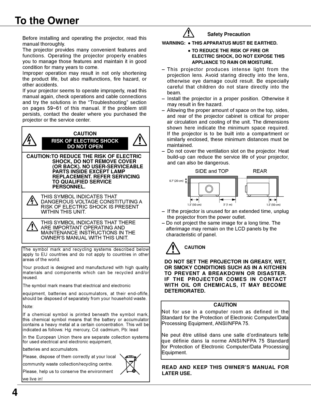 Sanyo PLC-WXE45 owner manual To the Owner, Risk Of Electric Shock Do Not Open, Safety Precaution 