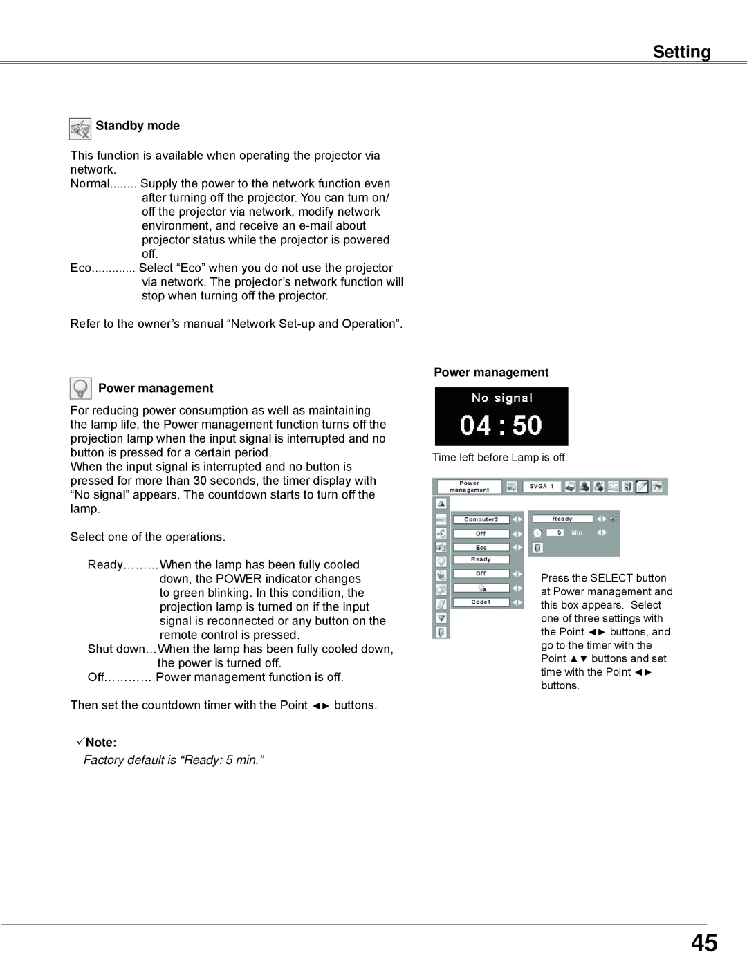 Sanyo PLC-WXE45 owner manual Setting, Standby mode, Power management, Note 