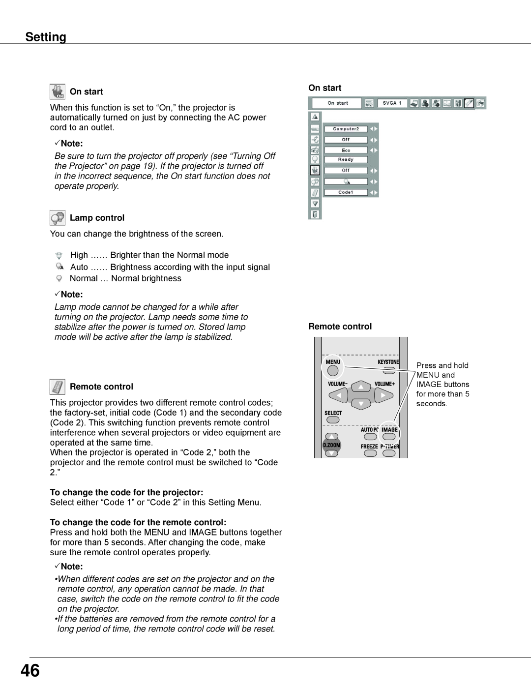 Sanyo PLC-WXE45 owner manual Setting, On start, Note, Lamp control, Remote control, To change the code for the projector 