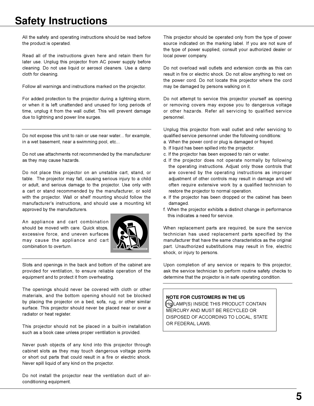 Sanyo PLC-WXE45 owner manual Safety Instructions, Note For Customers In The Us 