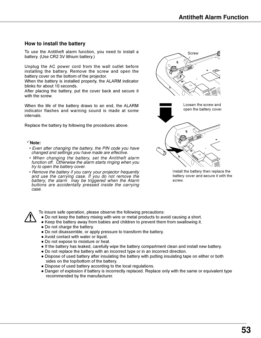 Sanyo PLC-WXE45 owner manual How to install the battery, Antitheft Alarm Function, Note 
