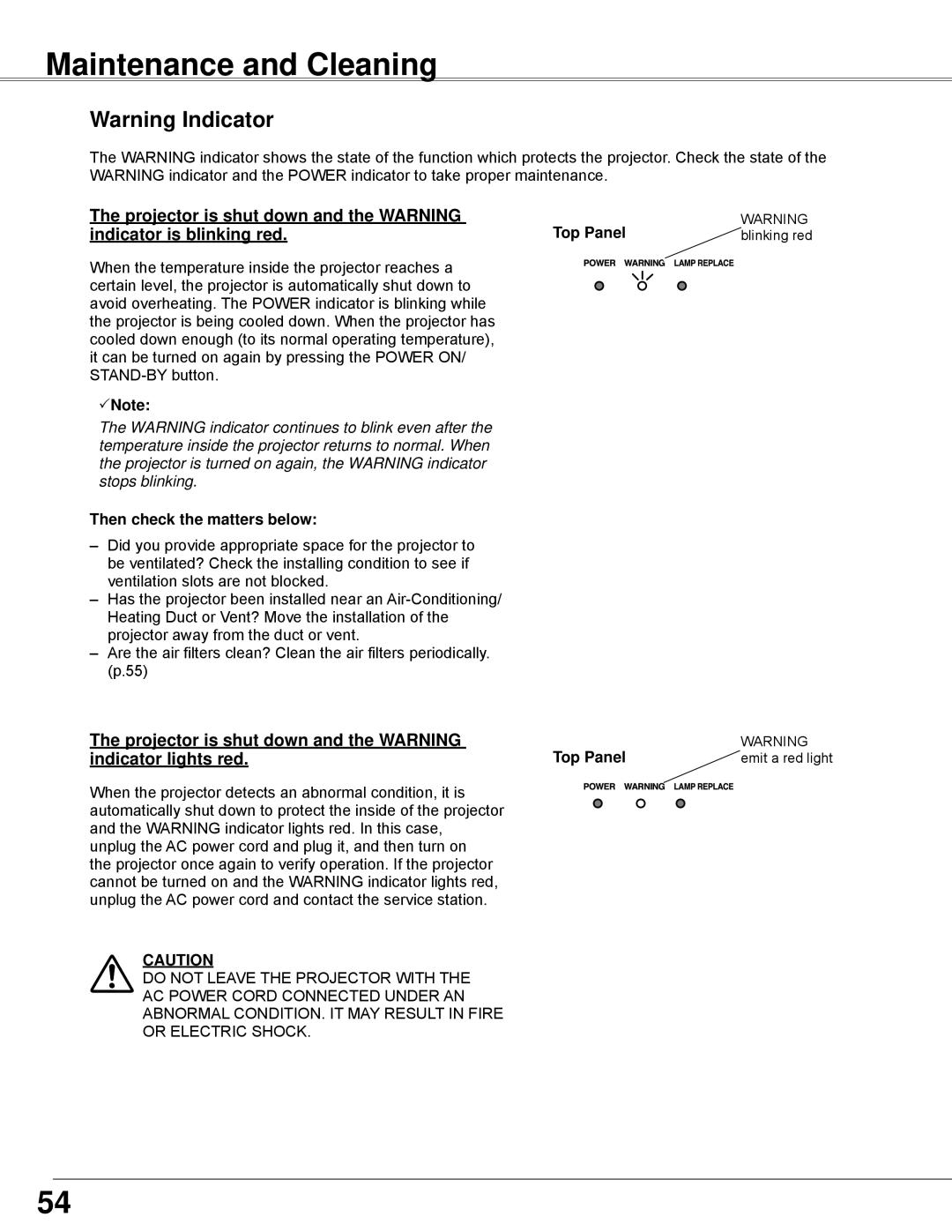 Sanyo PLC-WXE45 owner manual Maintenance and Cleaning, Warning Indicator, Top Panel, Note, Then check the matters below 