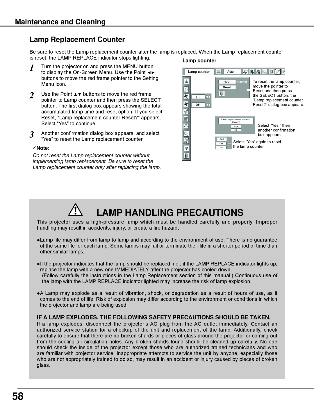Sanyo PLC-WXE45 owner manual Lamp Handling Precautions, Maintenance and Cleaning Lamp Replacement Counter, Note 