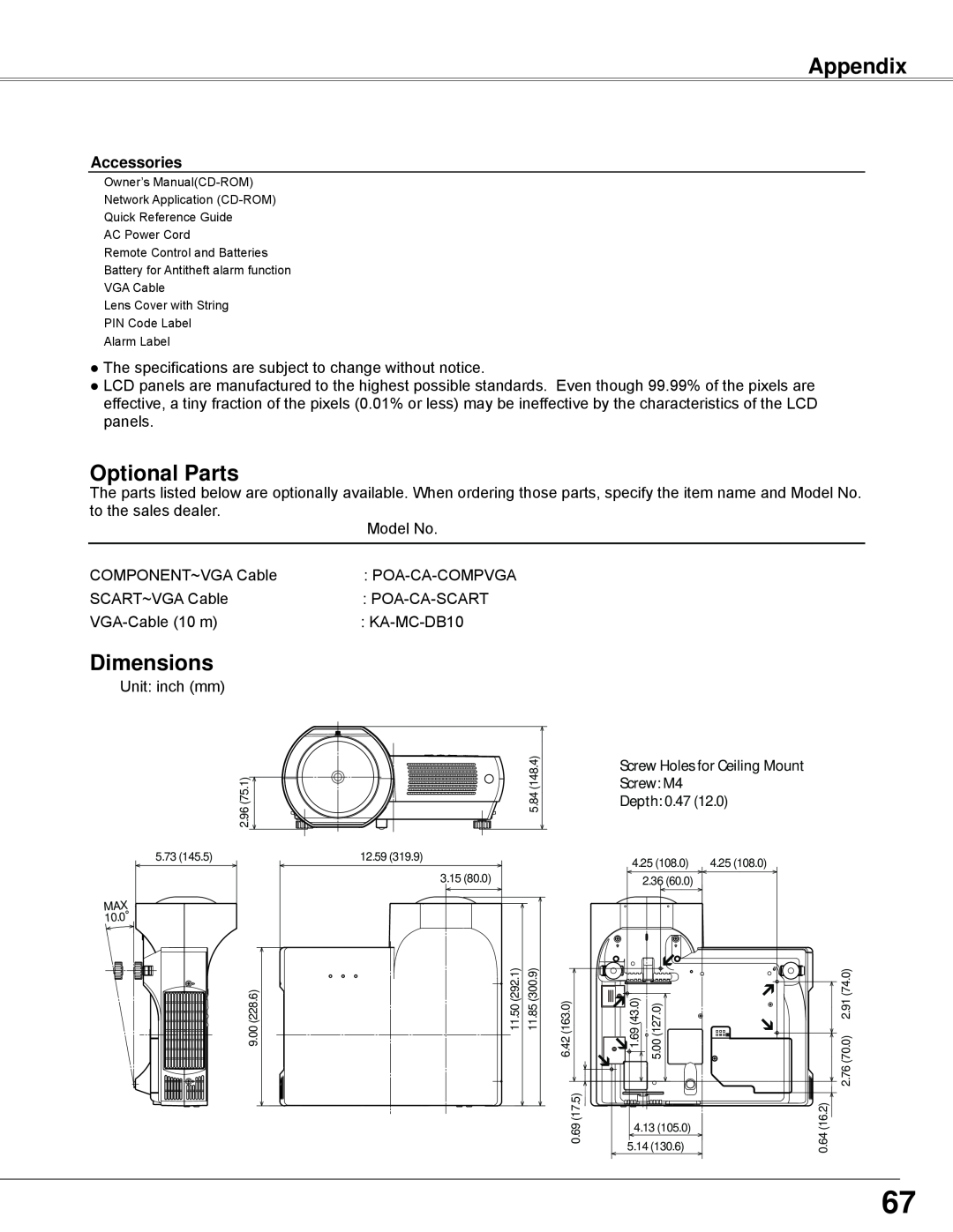 Sanyo PLC-WXE45 owner manual Optional Parts, Dimensions, Appendix, Accessories 