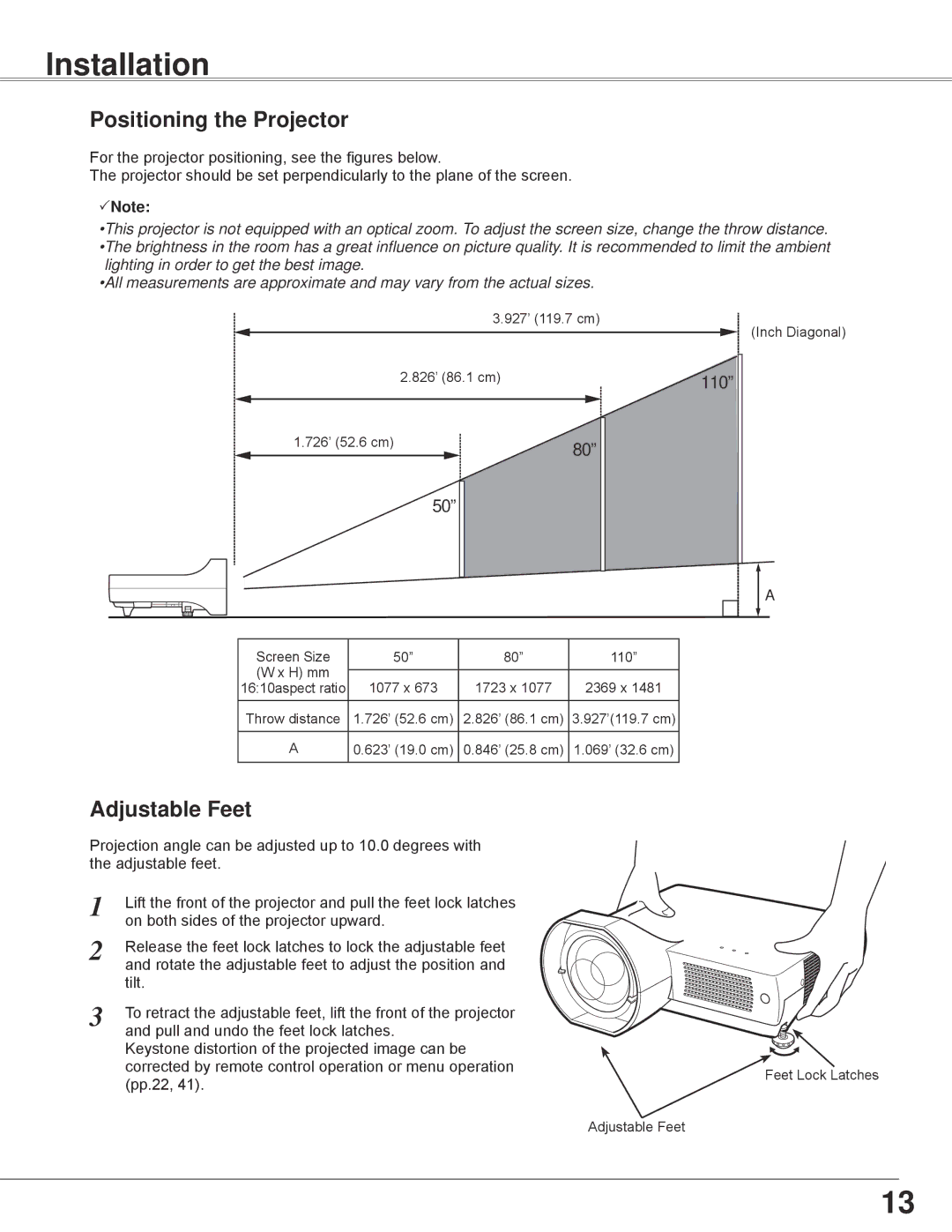 Sanyo PLC-WXE45 owner manual Installation, Positioning the Projector, Adjustable Feet 