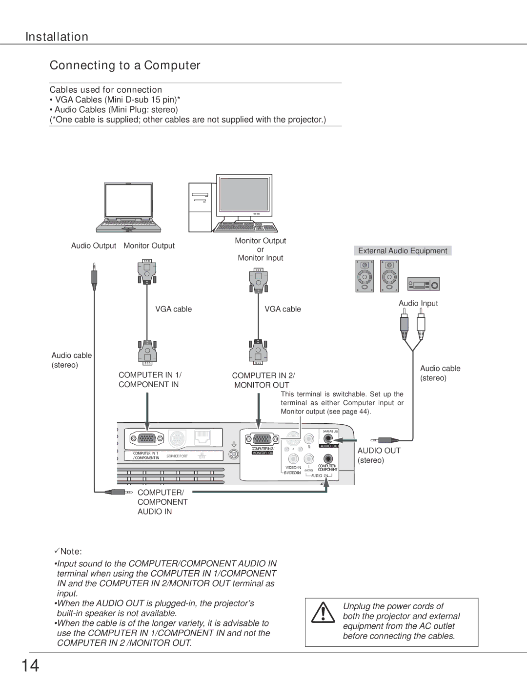 Sanyo PLC-WXE45 owner manual Installation Connecting to a Computer, Cables used for connection 