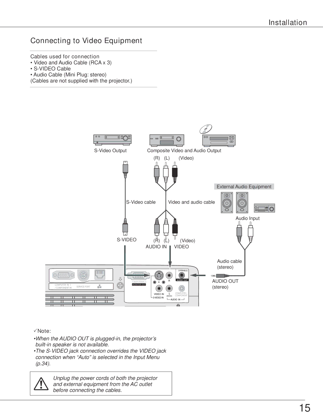 Sanyo PLC-WXE45 owner manual Installation Connecting to Video Equipment, Audio Video 