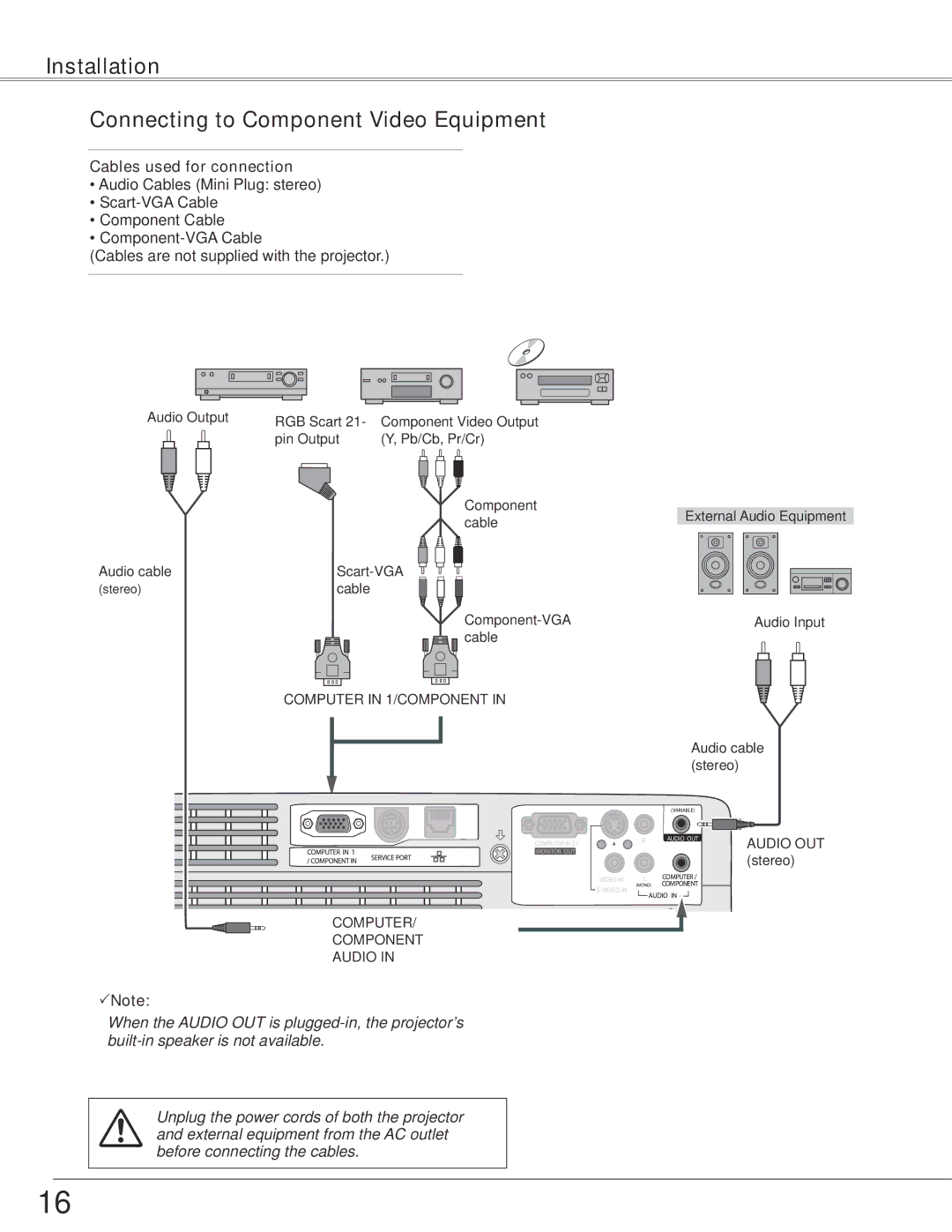 Sanyo PLC-WXE45 owner manual Installation Connecting to Component Video Equipment 