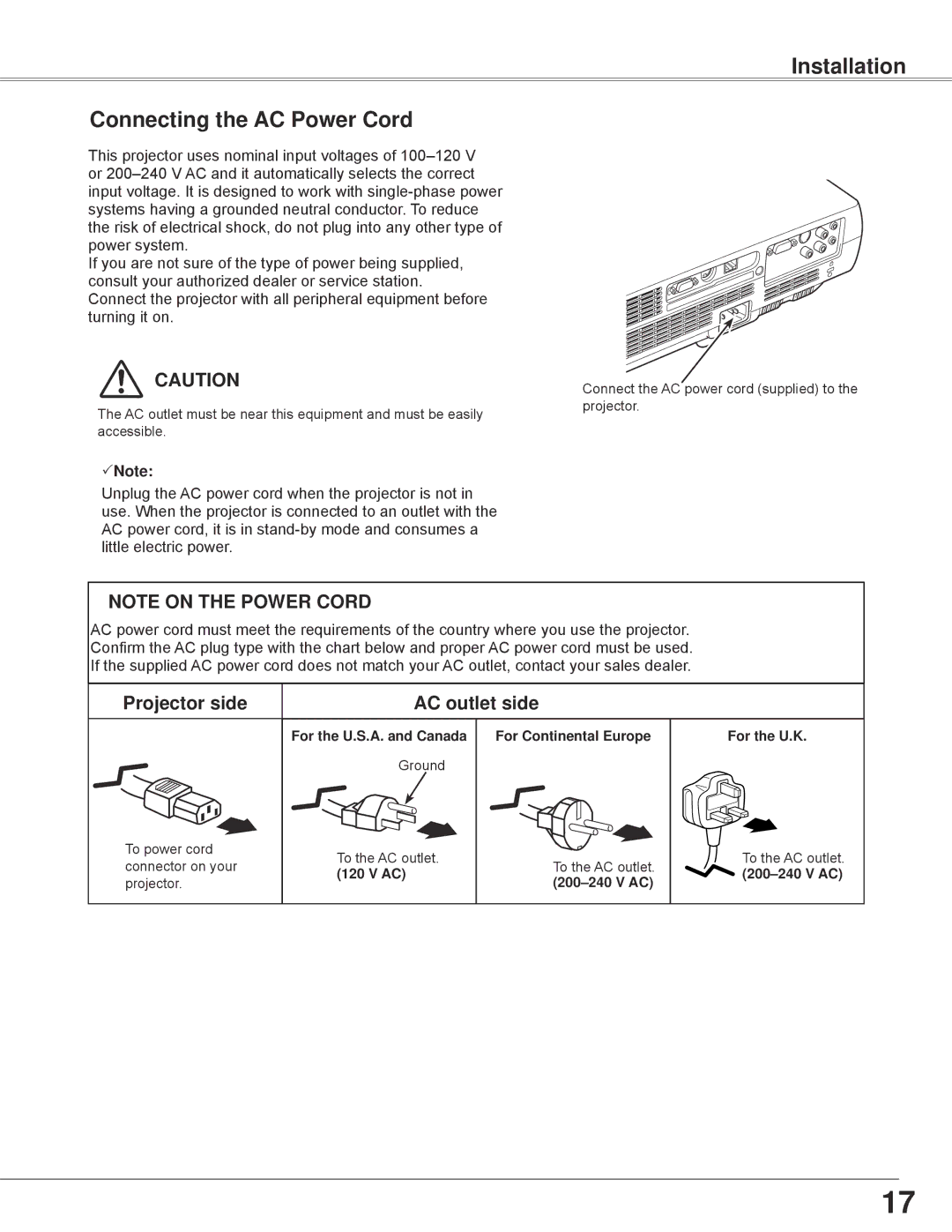 Sanyo PLC-WXE45 owner manual Installation Connecting the AC Power Cord, Projector side AC outlet side 