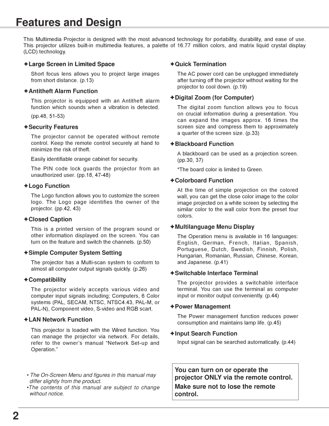 Sanyo PLC-WXE45 owner manual Features and Design 