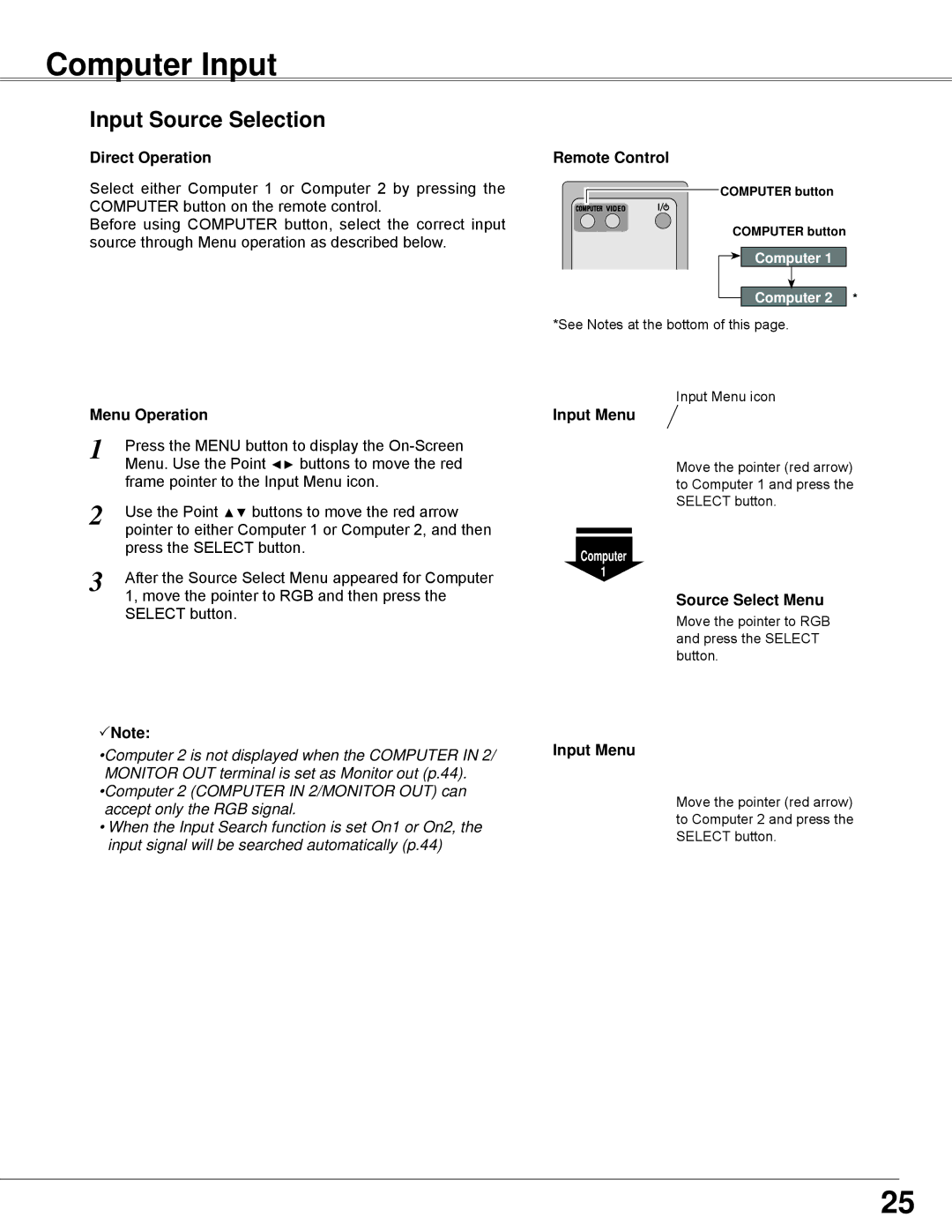 Sanyo PLC-WXE45 owner manual Computer Input, Input Source Selection, Input Menu, Source Select Menu 