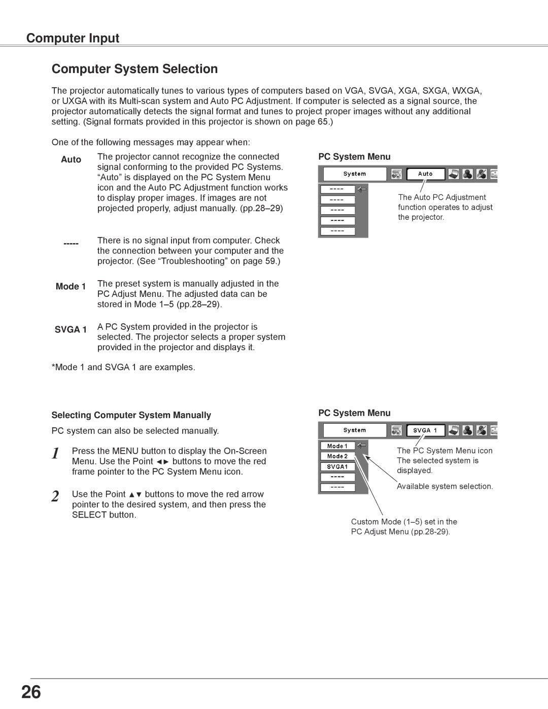 Sanyo PLC-WXE45 Computer Input Computer System Selection, Auto, PC System Menu, Mode, Selecting Computer System Manually 