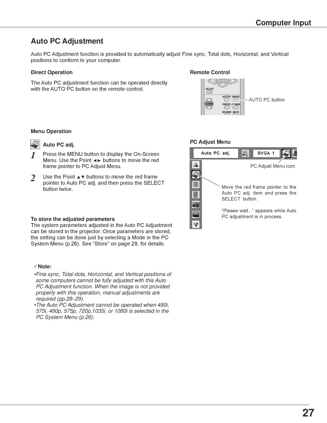 Sanyo PLC-WXE45 owner manual Computer Input Auto PC Adjustment, Direct Operation Remote Control, Menu Operation Auto PC adj 