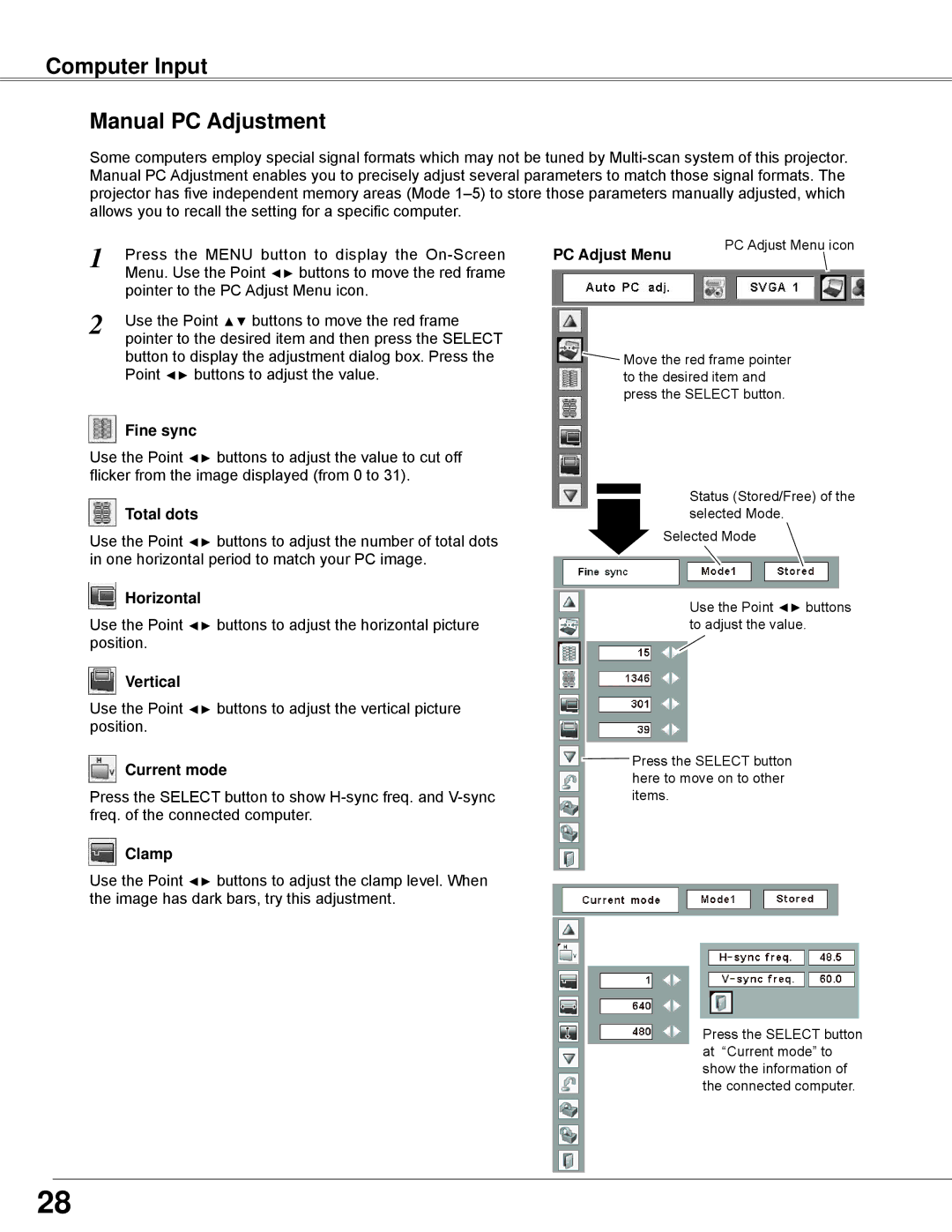 Sanyo PLC-WXE45 owner manual Computer Input Manual PC Adjustment 