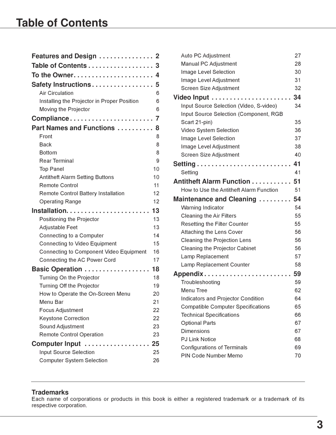 Sanyo PLC-WXE45 owner manual Table of Contents 