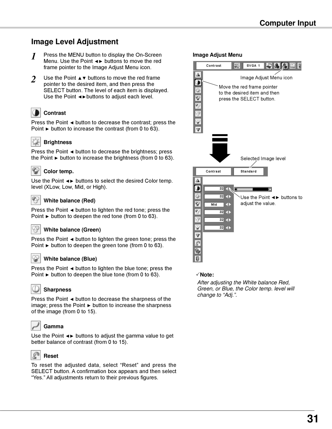 Sanyo PLC-WXE45 owner manual Computer Input Image Level Adjustment 