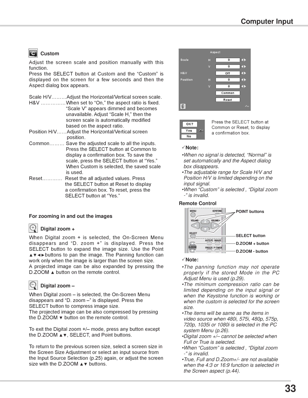 Sanyo PLC-WXE45 owner manual Custom, For zooming in and out the images Digital zoom + 