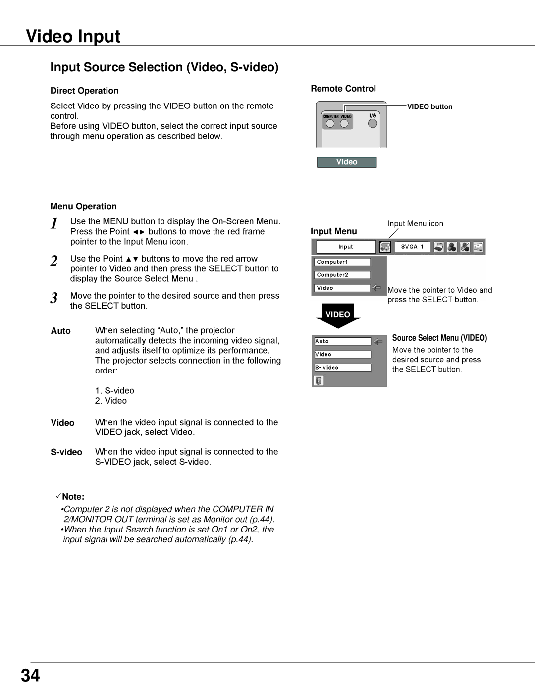 Sanyo PLC-WXE45 owner manual Video Input, Input Source Selection Video, S-video, Menu Operation Remote Control 