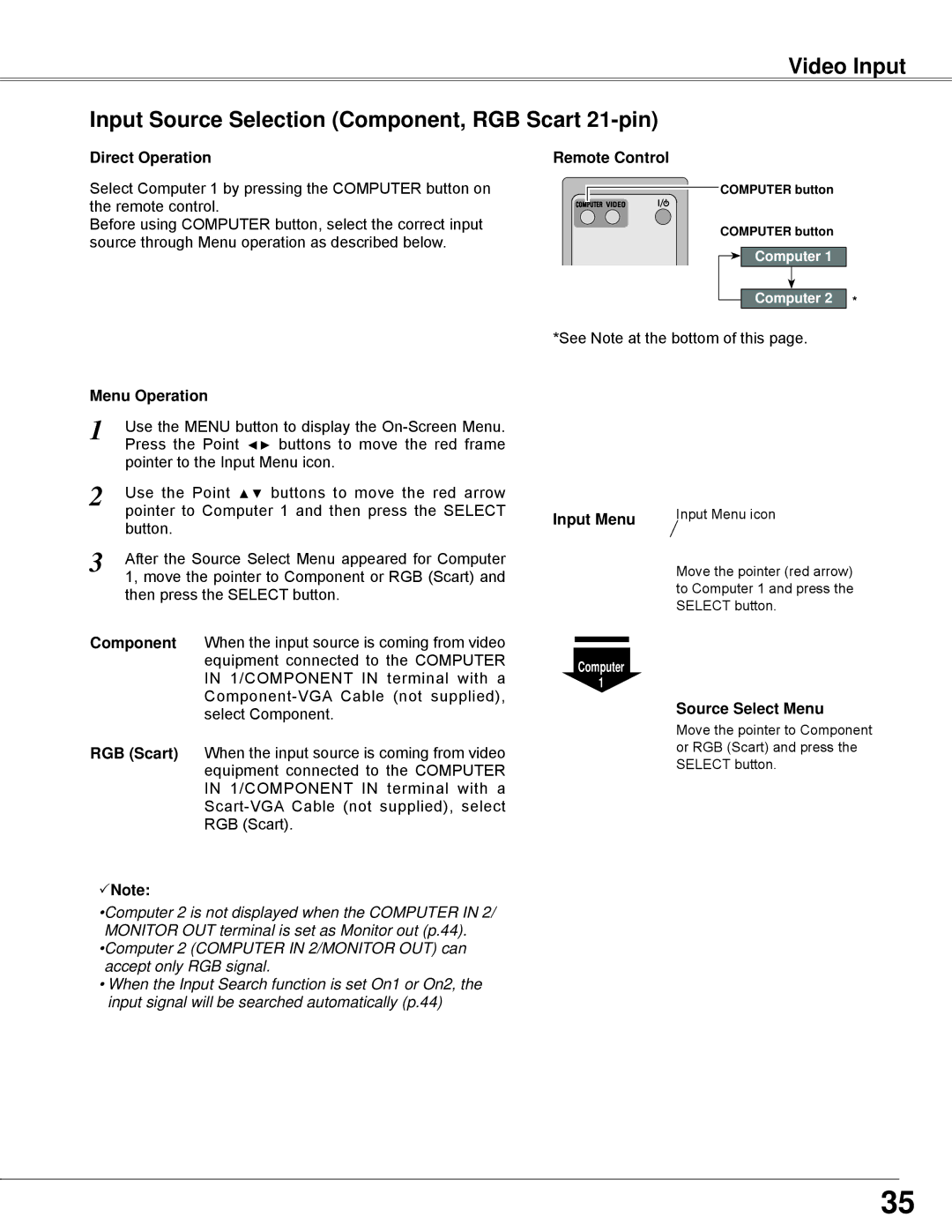 Sanyo PLC-WXE45 owner manual Pointer to Computer 1 and then press the Select 