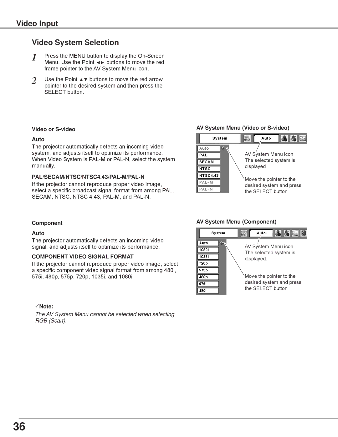 Sanyo PLC-WXE45 Video Input Video System Selection, Video or S-video Auto, Component Auto, AV System Menu Video or S-video 