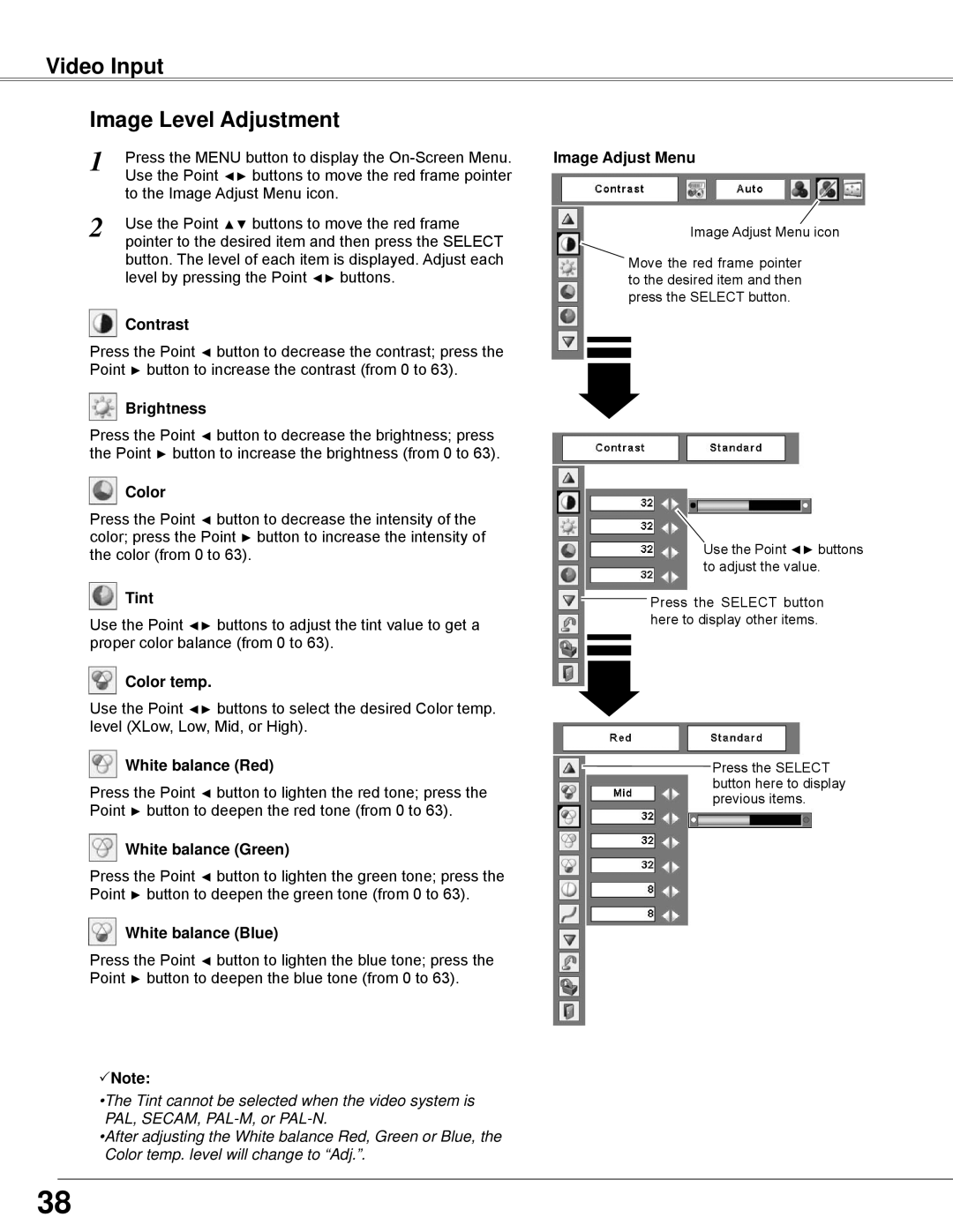 Sanyo PLC-WXE45 owner manual Video Input Image Level Adjustment, Color, Tint 