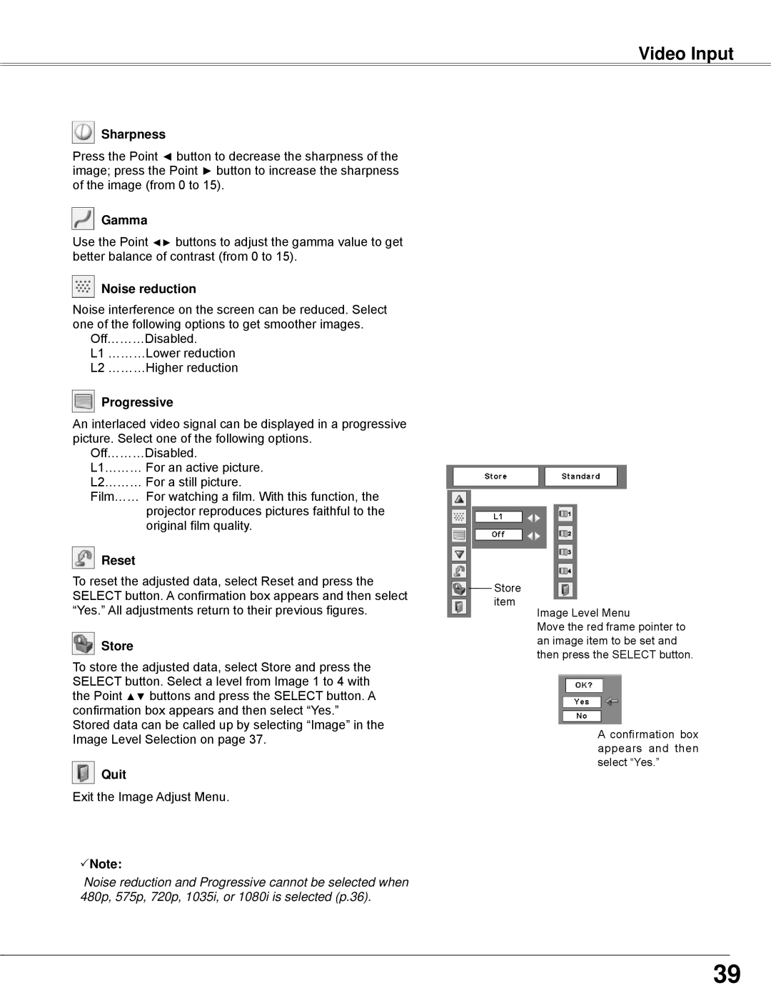 Sanyo PLC-WXE45 owner manual Video Input, Noise reduction, Progressive 