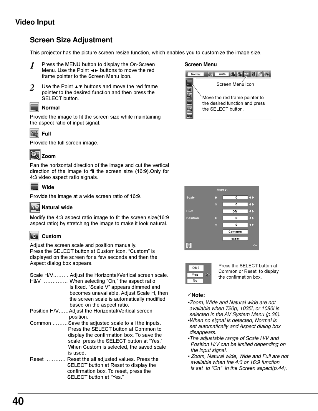 Sanyo PLC-WXE45 owner manual Video Input Screen Size Adjustment, Zoom, Wide, Natural wide 