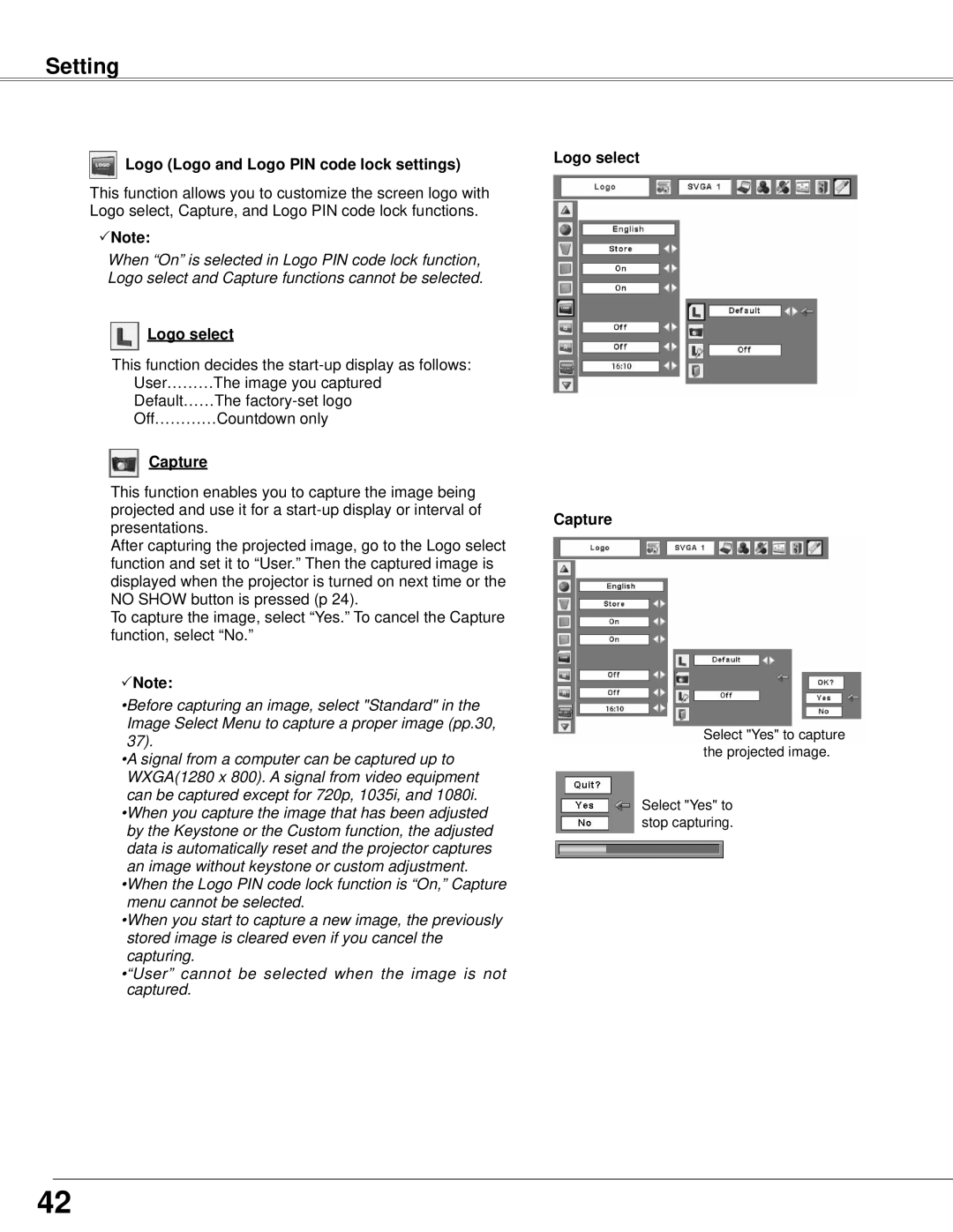 Sanyo PLC-WXE45 owner manual Logo Logo and Logo PIN code lock settings, Logo select Capture 