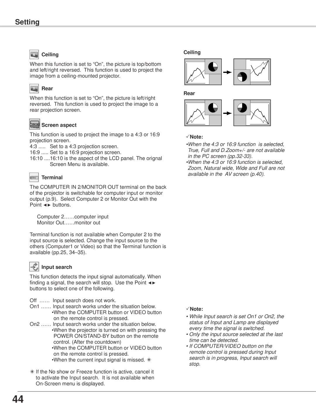 Sanyo PLC-WXE45 owner manual Screen aspect, Terminal, Input search, Ceiling Rear Note 