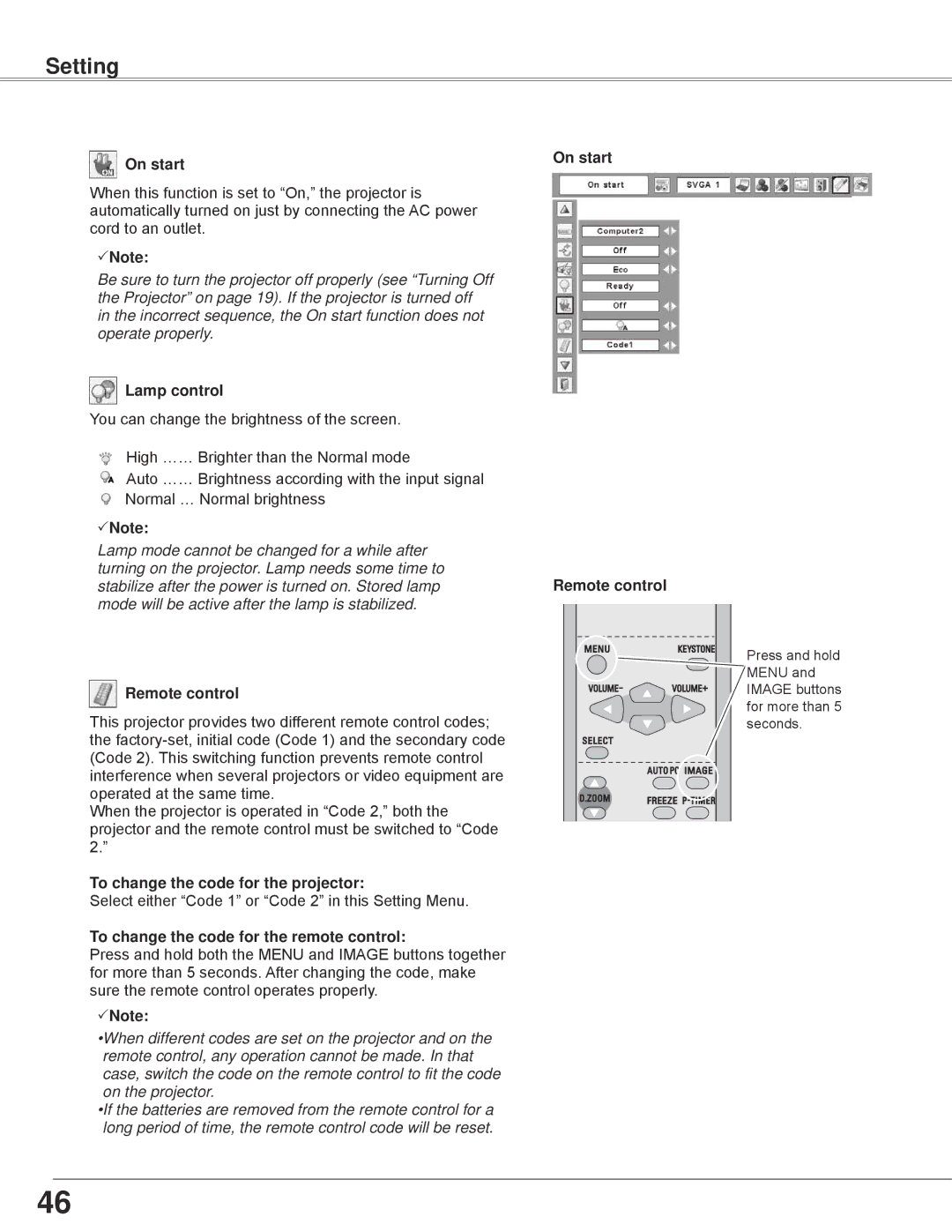 Sanyo PLC-WXE45 On start, Lamp control, To change the code for the projector, To change the code for the remote control 