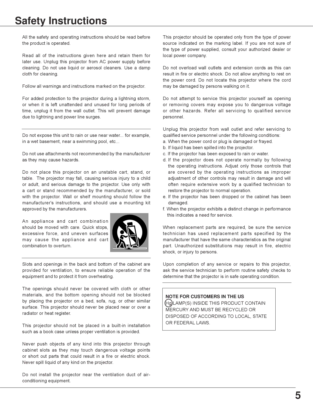 Sanyo PLC-WXE45 owner manual Safety Instructions 