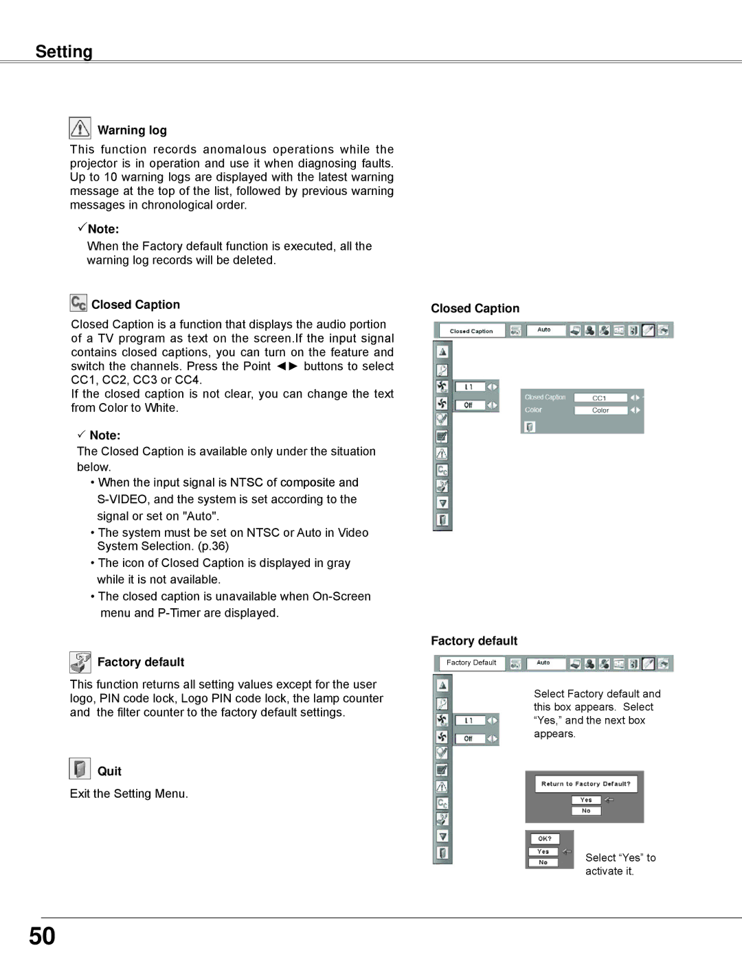 Sanyo PLC-WXE45 owner manual Settin 