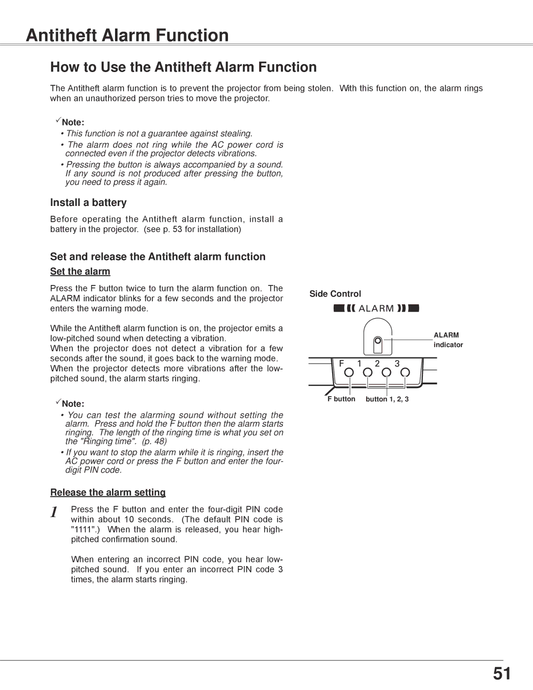 Sanyo PLC-WXE45 Antitheft Alarm Function, Install a battery, Set and release the Antitheft alarm function, Set the alarm 