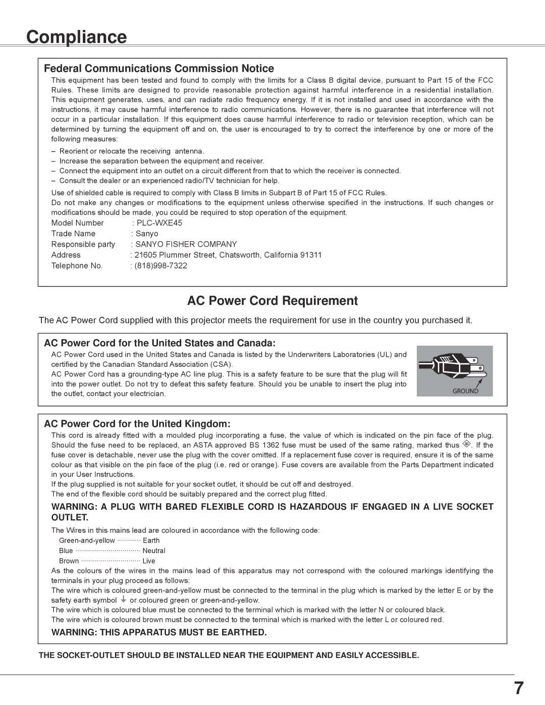 Sanyo PLC-WXE45 owner manual Compliance, AC Power Cord Requirement, Federal Communications Commission Notice 