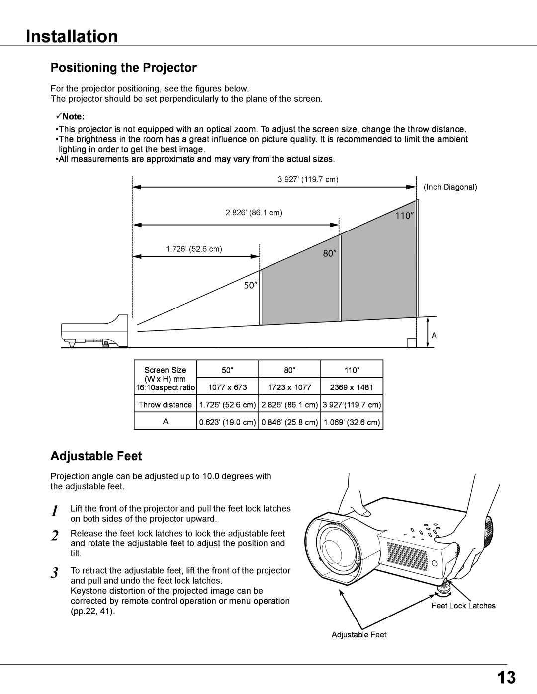 Sanyo PLC-WXE46 owner manual Installation, Positioning the Projector, Adjustable Feet, Note 
