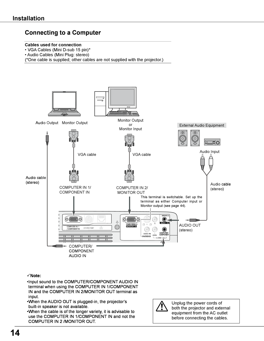 Sanyo PLC-WXE46 owner manual Installation Connecting to a Computer, Cables used for connection, Note 