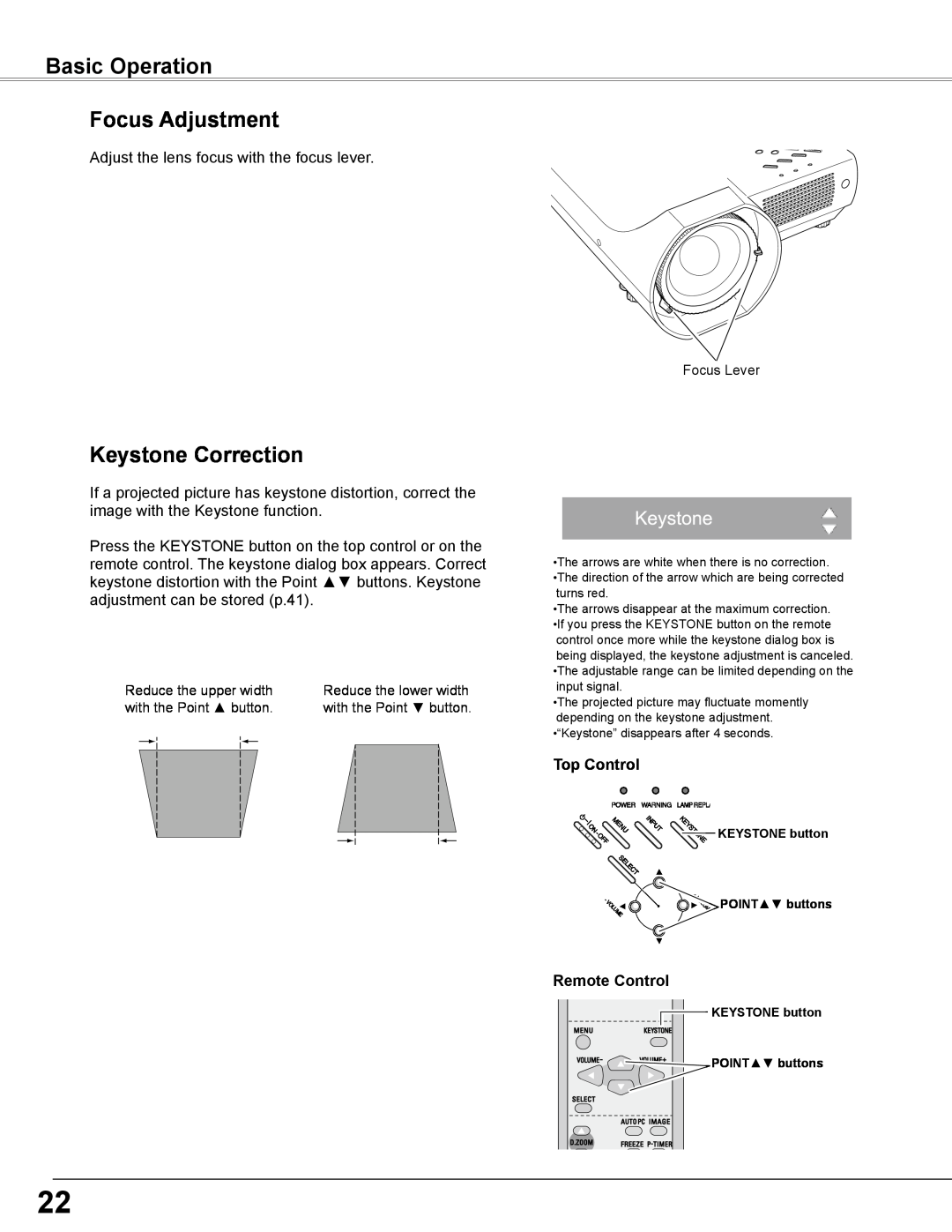 Sanyo PLC-WXE46 owner manual Basic Operation Focus Adjustment, Keystone Correction, Top Control, Remote Control 