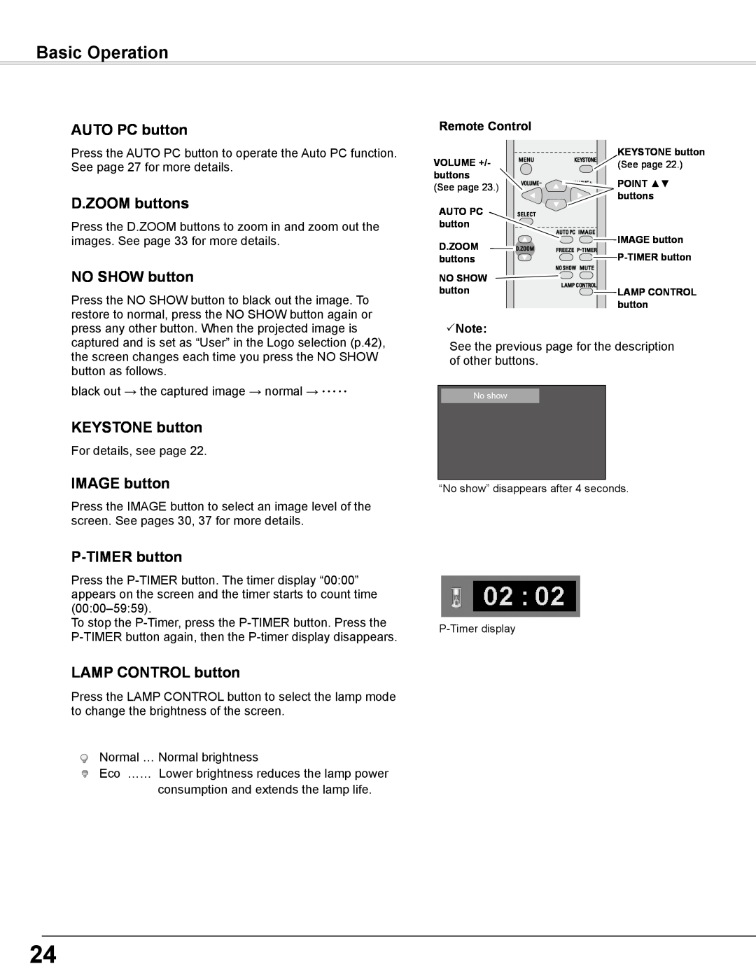 Sanyo PLC-WXE46 Basic Operation, AUTO PC button, D..ZOOM buttons, NO SHOW button, KEYSTONE button, IMAGE button, Note 