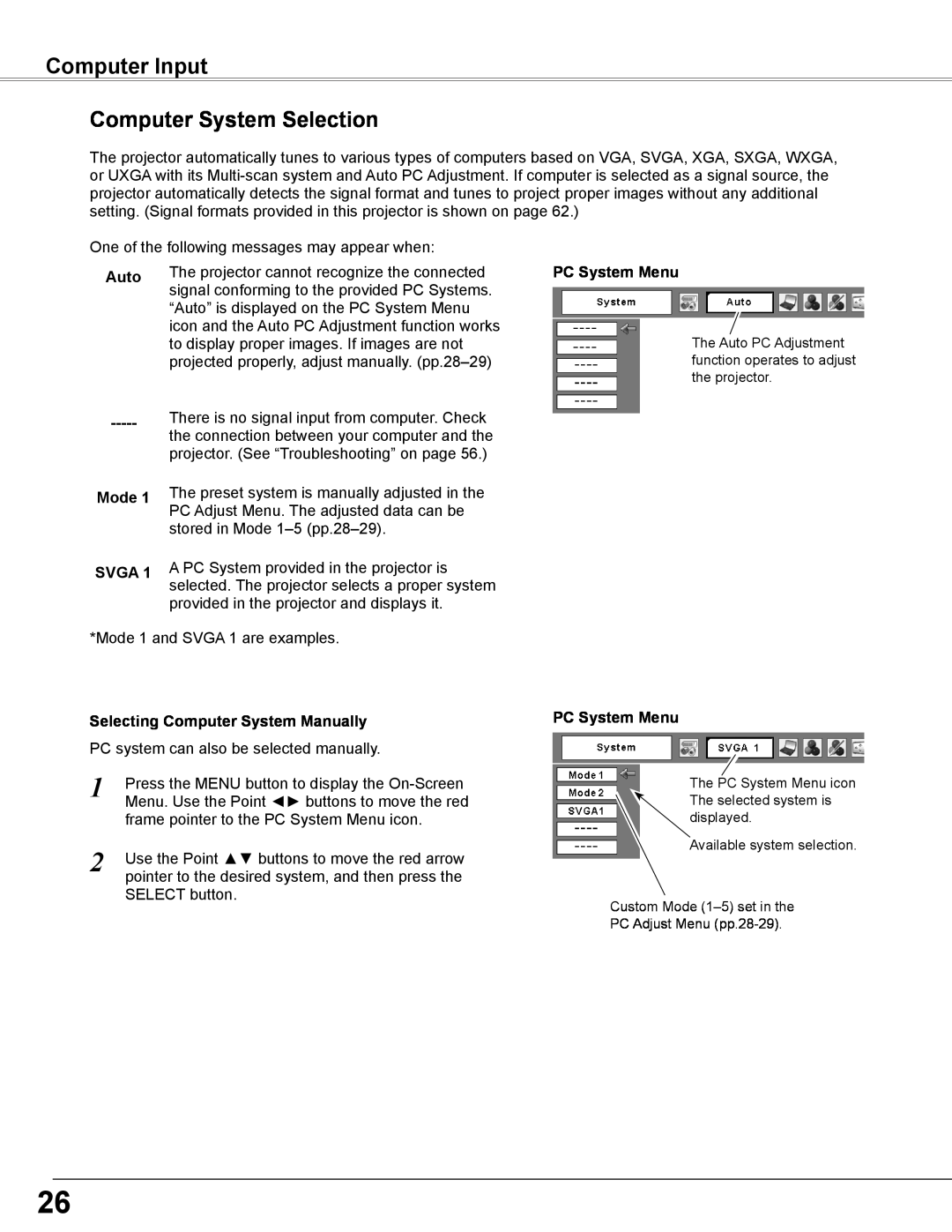 Sanyo PLC-WXE46 owner manual Computer Input Computer System Selection, Auto, PC System Menu, Mode, Svga 