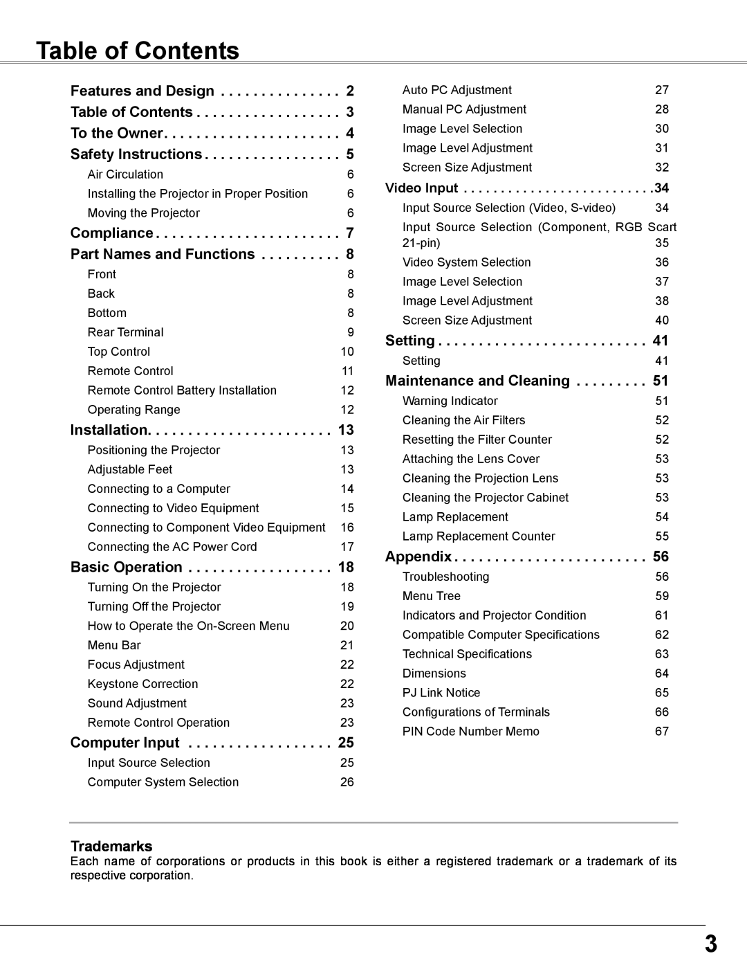Sanyo PLC-WXE46 owner manual Features and Design Table of Contents To the Owner 