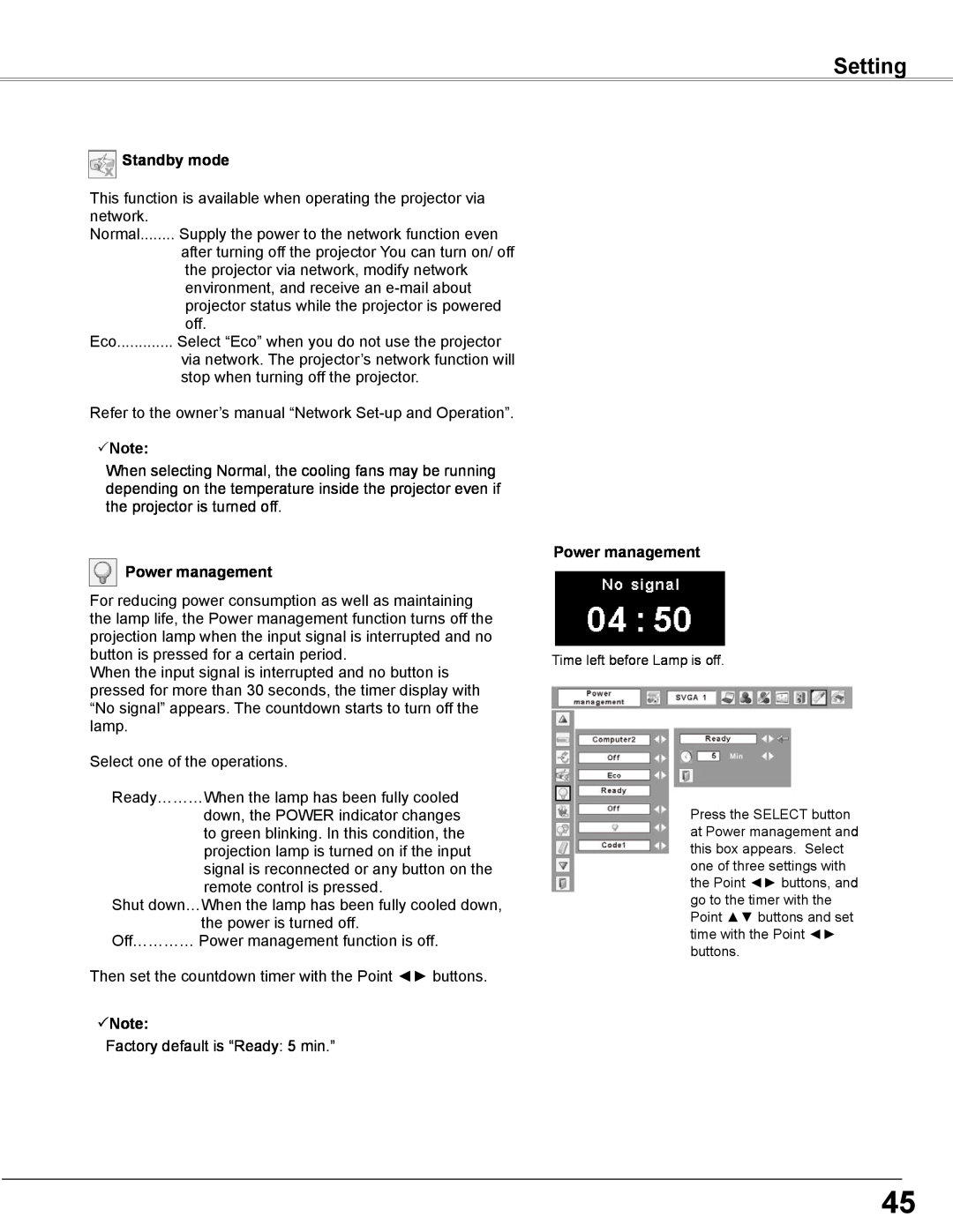 Sanyo PLC-WXE46 owner manual Setting, Standby mode, Note, Power management 