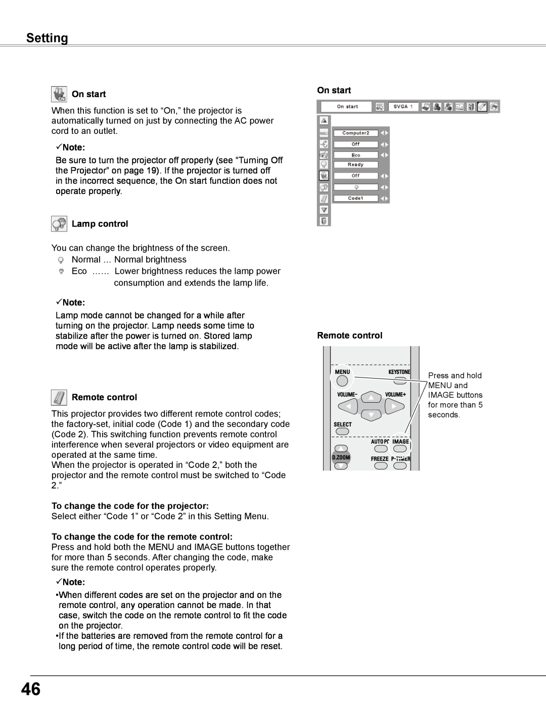 Sanyo PLC-WXE46 owner manual Setting, On start, Note, Lamp control, Remote control, To change the code for the projector 