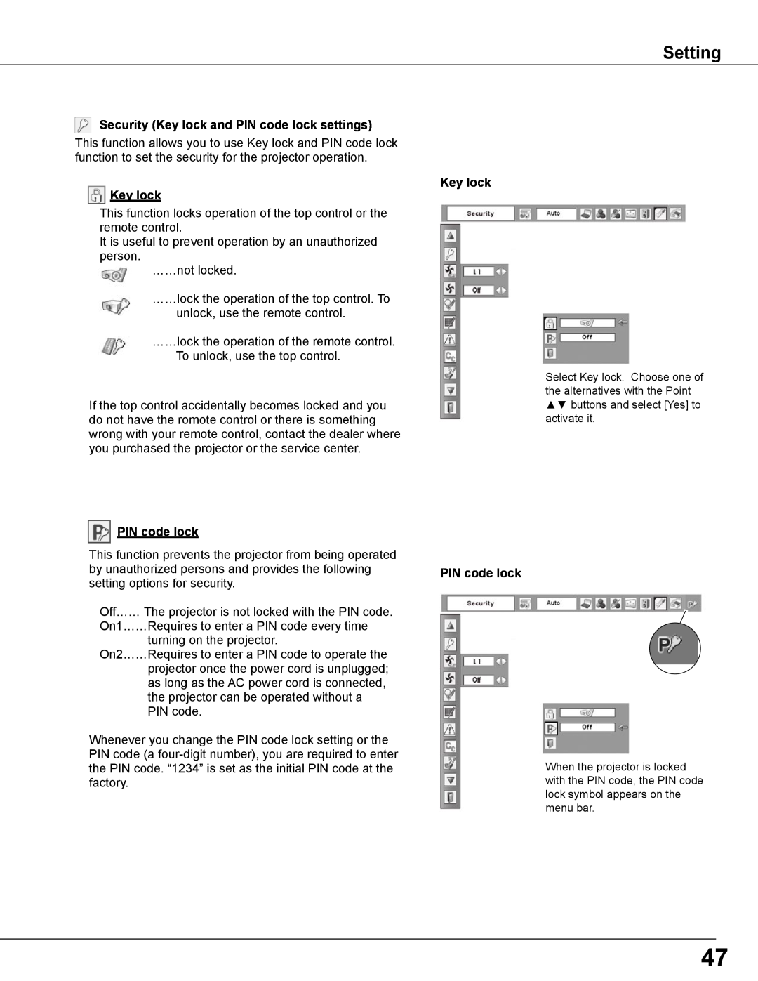 Sanyo PLC-WXE46 owner manual Setting, Security Key lock and PIN code lock settings 