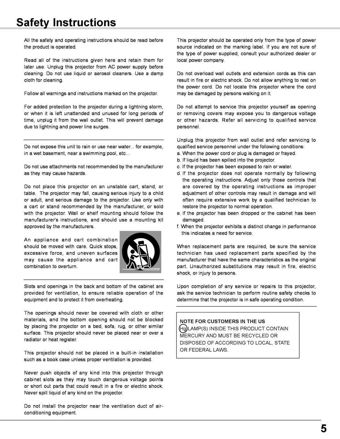Sanyo PLC-WXE46 owner manual Safety Instructions, Note For Customers In The Us 
