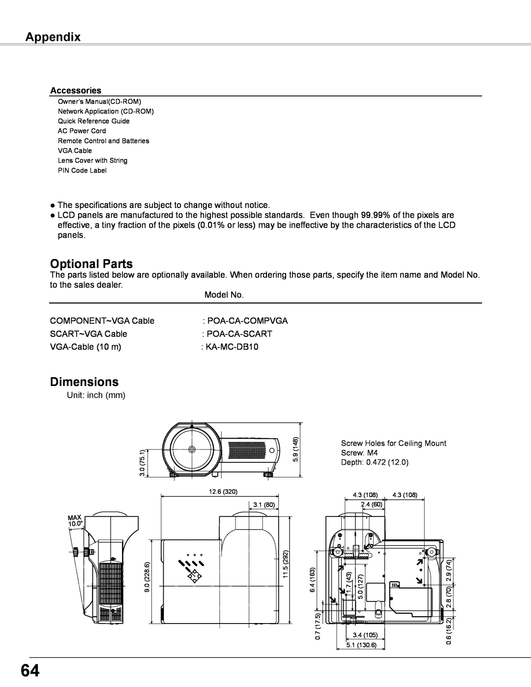 Sanyo PLC-WXE46 owner manual Optional Parts, Dimensions, Appendix, Accessories 