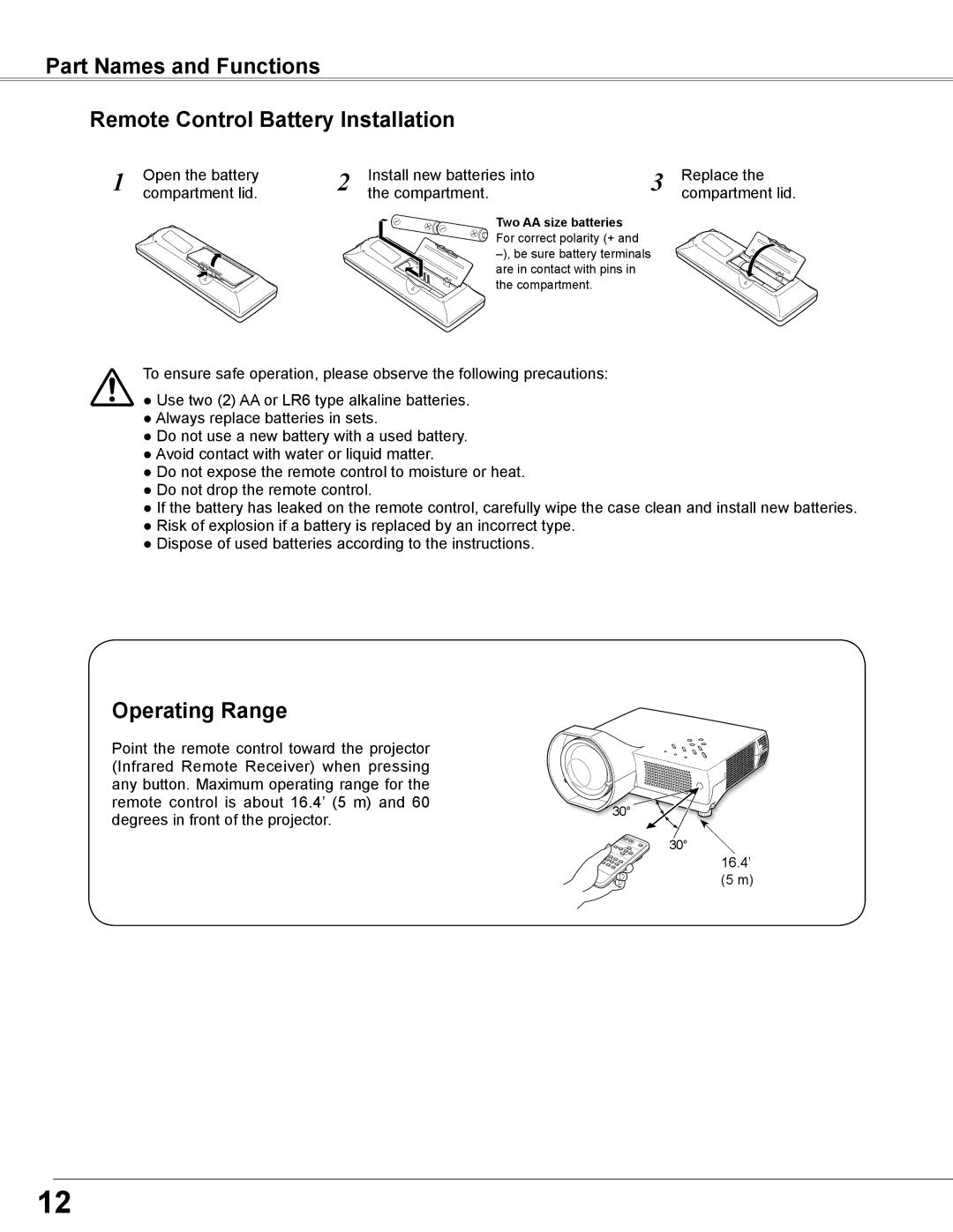 Sanyo PLC-WXE46 owner manual Part Names and Functions Remote Control Battery Installation, Operating Range 