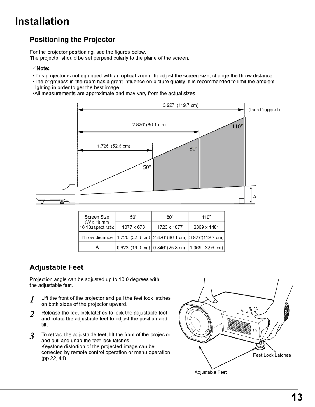 Sanyo PLC-WXE46 owner manual Installation, Positioning the Projector, Adjustable Feet 