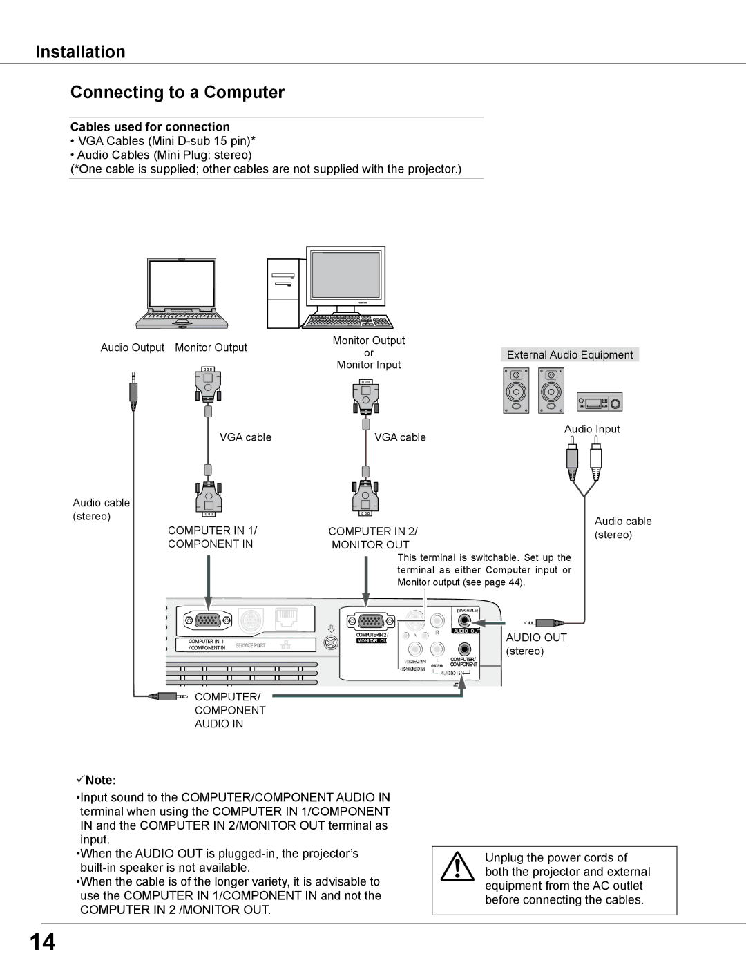 Sanyo PLC-WXE46 owner manual Installation Connecting to a Computer, Cables used for connection 