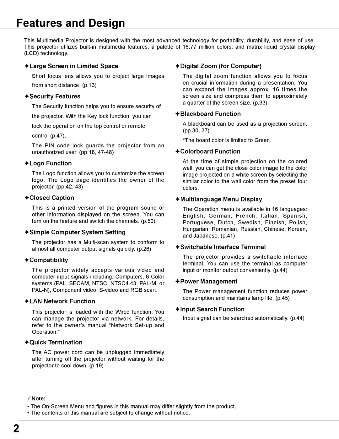 Sanyo PLC-WXE46 owner manual Features and Design, Note 