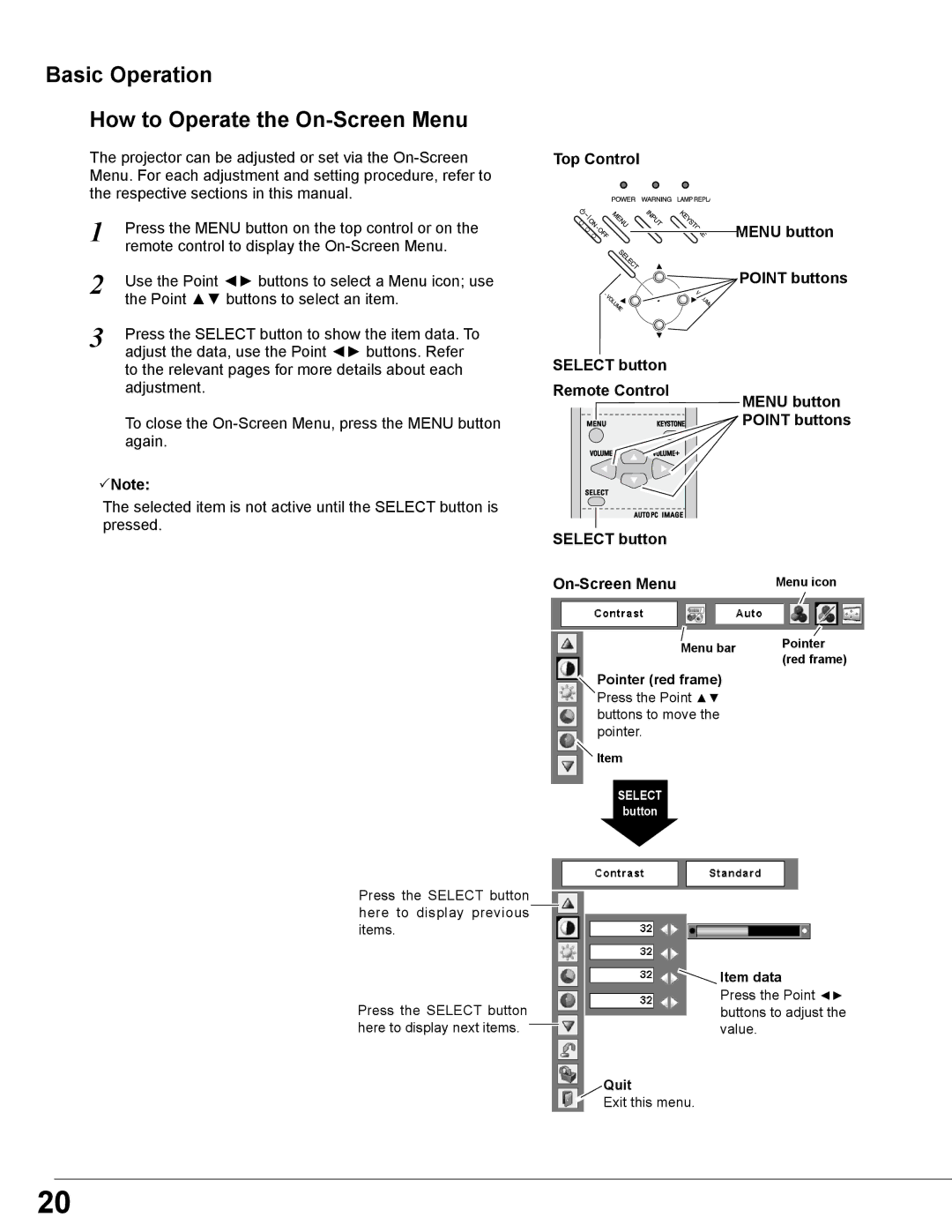 Sanyo PLC-WXE46 owner manual Basic Operation How to Operate the On-Screen Menu, Top Control Menu button Point buttons 